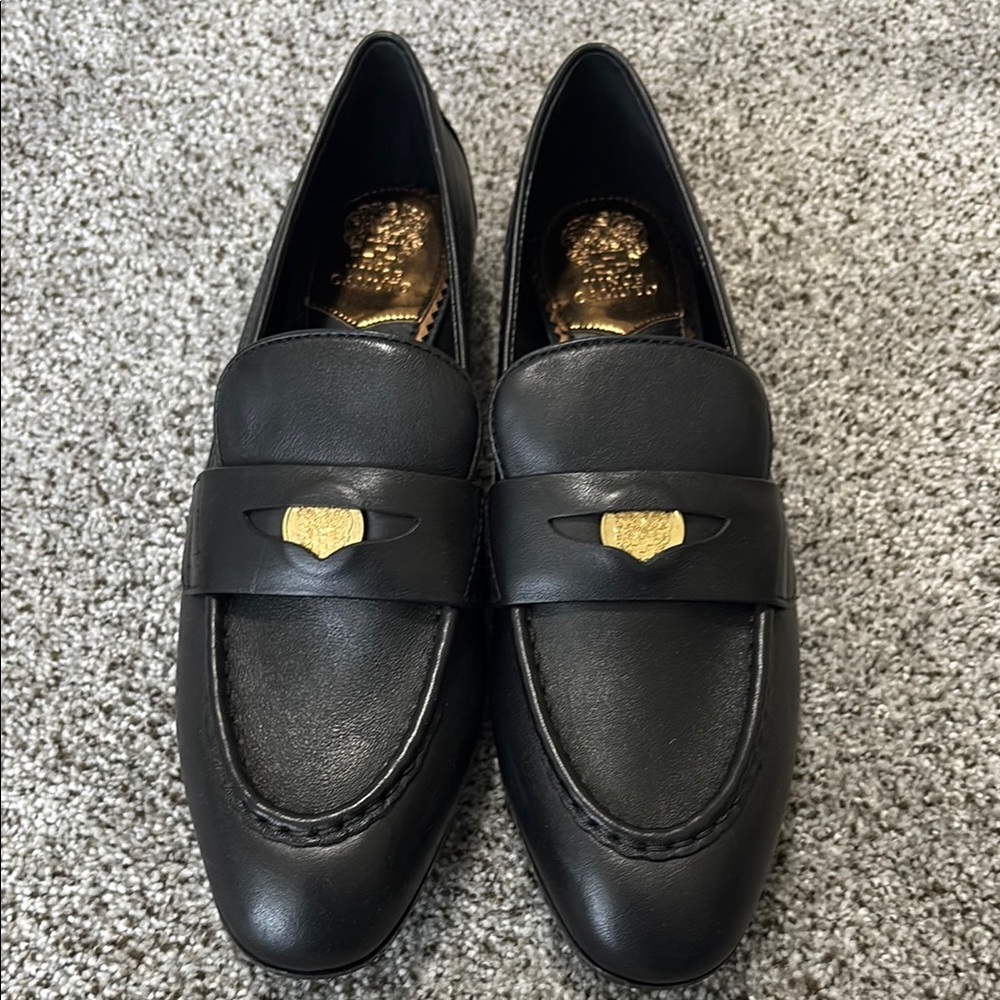 Women’s Vince Camuto Black Leather Loafers with Gold Accent - Size 10